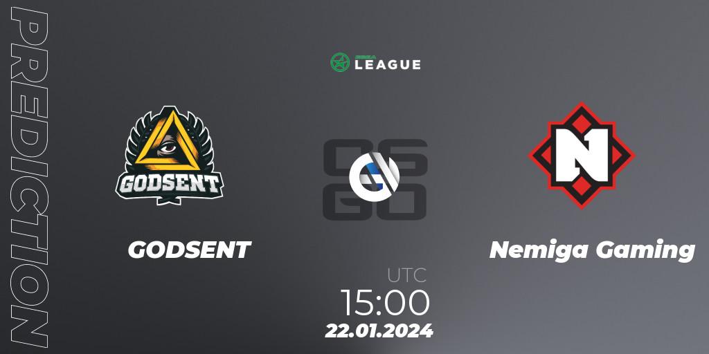 Prognose für das Spiel GODSENT VS Nemiga Gaming. 24.01.2024 at 15:00. Counter-Strike (CS2) - ESEA Season 48: Advanced Division - Europe