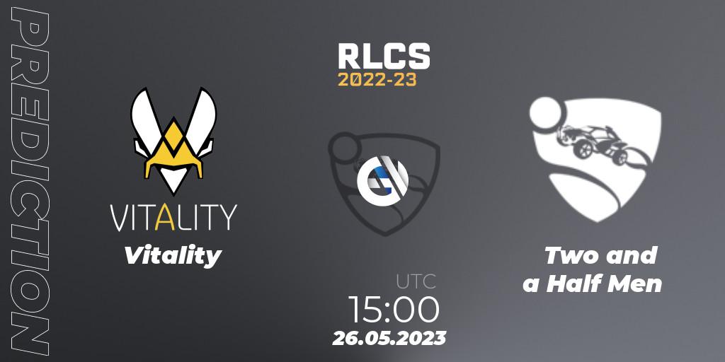 Prognose für das Spiel Vitality VS Two and a Half Men. 26.05.2023 at 15:00. Rocket League - RLCS 2022-23 - Spring: Europe Regional 2 - Spring Cup