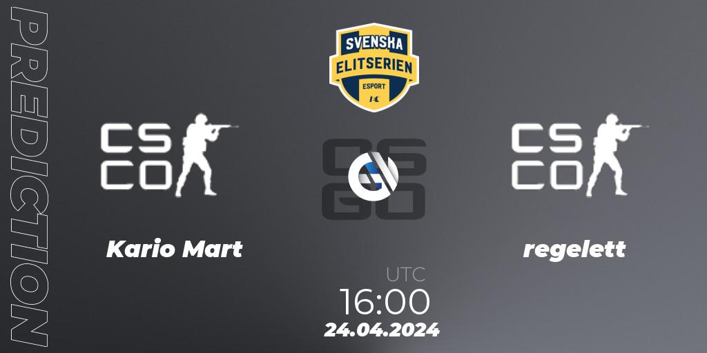 Prognose für das Spiel Kario Mart VS regelett. 24.04.2024 at 16:00. Counter-Strike (CS2) - Svenska Elitserien Spring 2024
