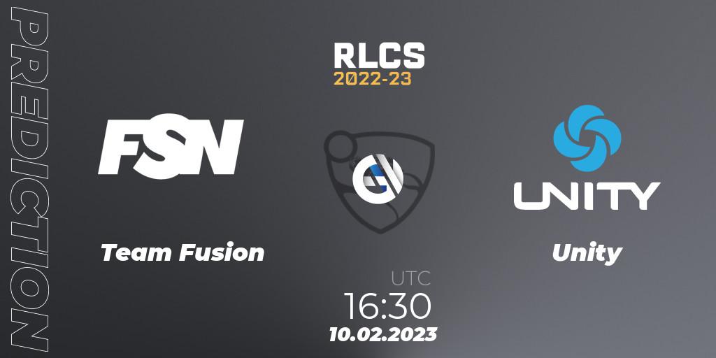 Prognose für das Spiel Team Fusion VS Unity. 10.02.2023 at 16:30. Rocket League - RLCS 2022-23 - Winter: Sub-Saharan Africa Regional 2 - Winter Cup