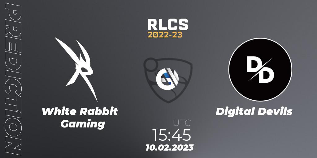 Prognose für das Spiel White Rabbit Gaming VS Digital Devils. 10.02.2023 at 15:45. Rocket League - RLCS 2022-23 - Winter: Sub-Saharan Africa Regional 2 - Winter Cup