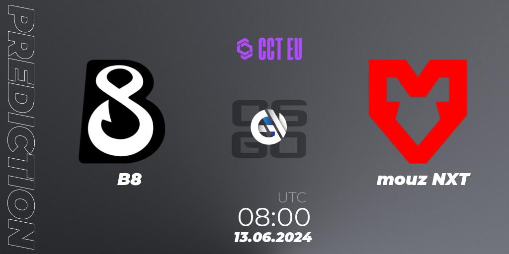 Prognose für das Spiel B8 VS mouz NXT. 13.06.2024 at 08:00. Counter-Strike (CS2) - CCT Season 2 Europe Series 5
