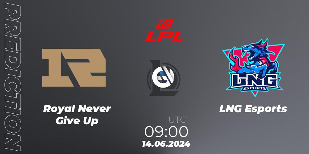 Prognose für das Spiel Royal Never Give Up VS LNG Esports. 14.06.2024 at 09:00. LoL - LPL 2024 Summer - Group Stage