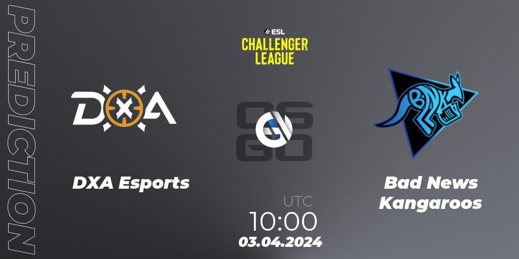 Prognose für das Spiel DXA Esports VS Bad News Kangaroos. 03.04.2024 at 10:00. Counter-Strike (CS2) - ESL Challenger League Season 47: Oceania