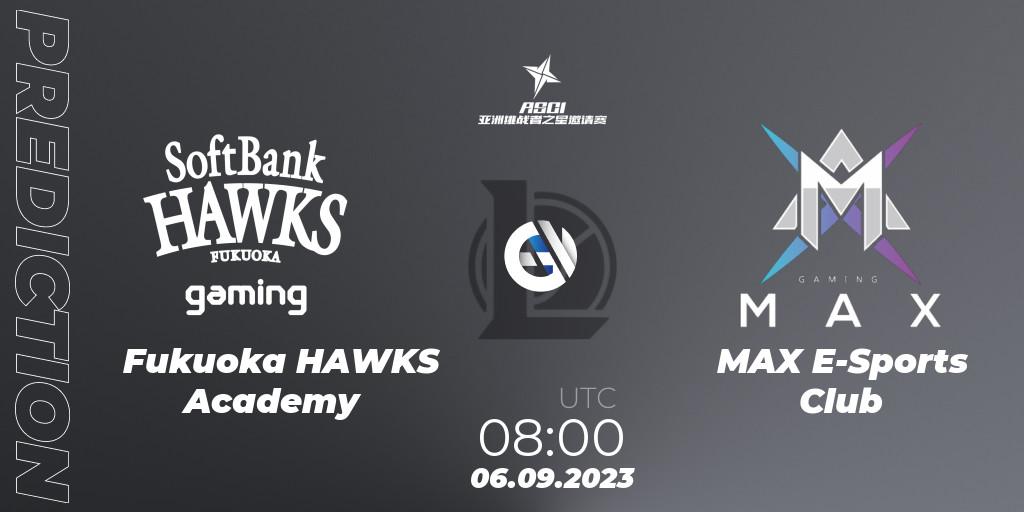 Prognose für das Spiel Fukuoka HAWKS Academy VS MAX E-Sports Club. 06.09.23. LoL - Asia Star Challengers Invitational 2023