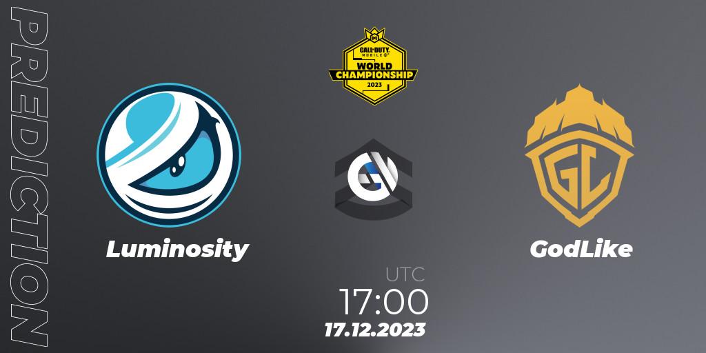 Prognose für das Spiel Luminosity VS GodLike. 17.12.2023 at 16:00. Call of Duty - CODM World Championship 2023