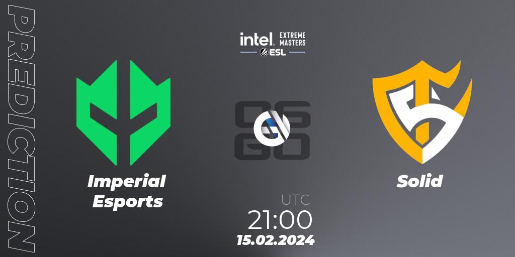 Prognose für das Spiel Imperial Esports VS Solid. 15.02.2024 at 21:10. Counter-Strike (CS2) - Intel Extreme Masters Dallas 2024: South American Open Qualifier #1