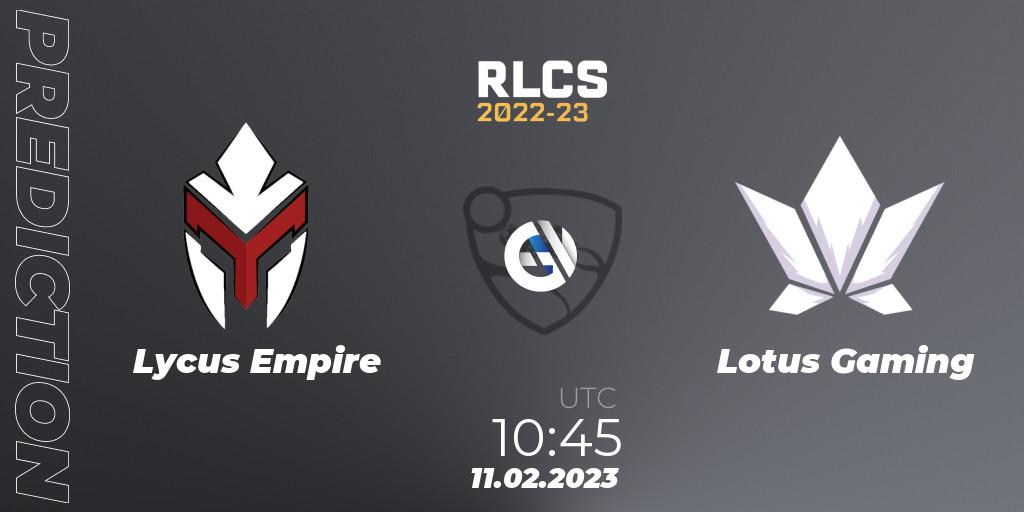 Prognose für das Spiel Lycus Empire VS Lotus Gaming. 11.02.2023 at 10:45. Rocket League - RLCS 2022-23 - Winter: Asia-Pacific Regional 2 - Winter Cup