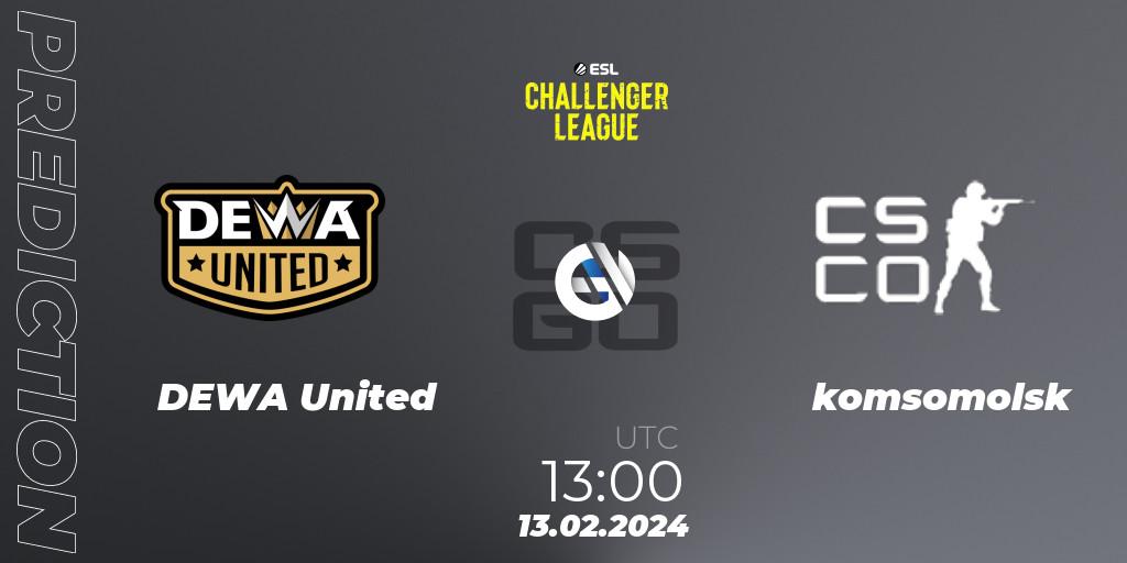Prognose für das Spiel DEWA United VS komsomolsk. 13.02.2024 at 13:00. Counter-Strike (CS2) - ESL Challenger League Season 47: Asia