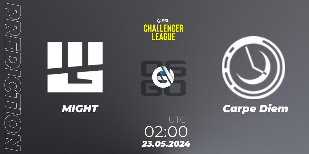Prognose für das Spiel MIGHT VS Carpe Diem. 23.05.2024 at 01:50. Counter-Strike (CS2) - ESL Challenger League Season 47: North America