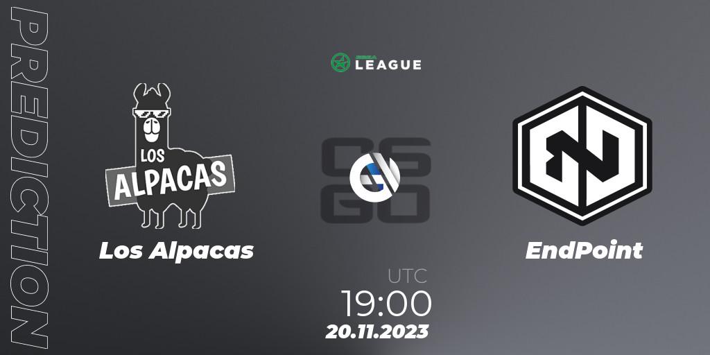 Prognose für das Spiel Los Alpacas VS EndPoint. 20.11.2023 at 19:00. Counter-Strike (CS2) - ESEA Season 47: Advanced Division - Europe