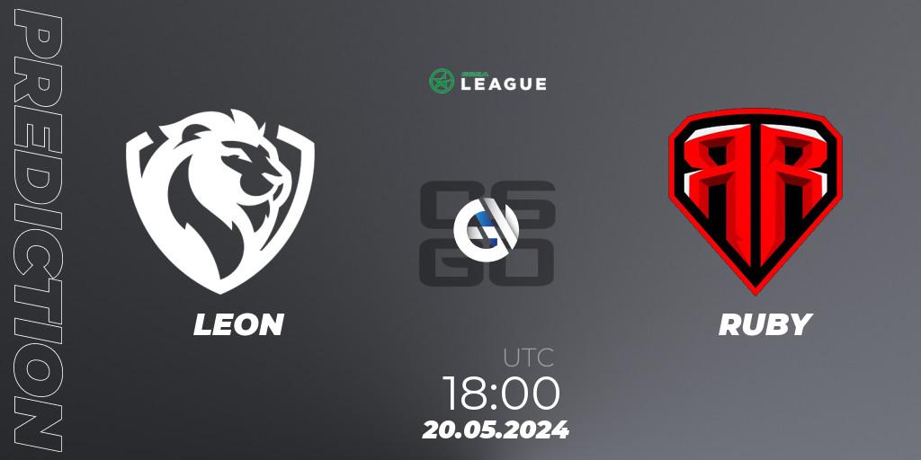 Prognose für das Spiel LEON VS RUBY. 20.05.2024 at 18:00. Counter-Strike (CS2) - ESEA Season 49: Advanced Division - Europe