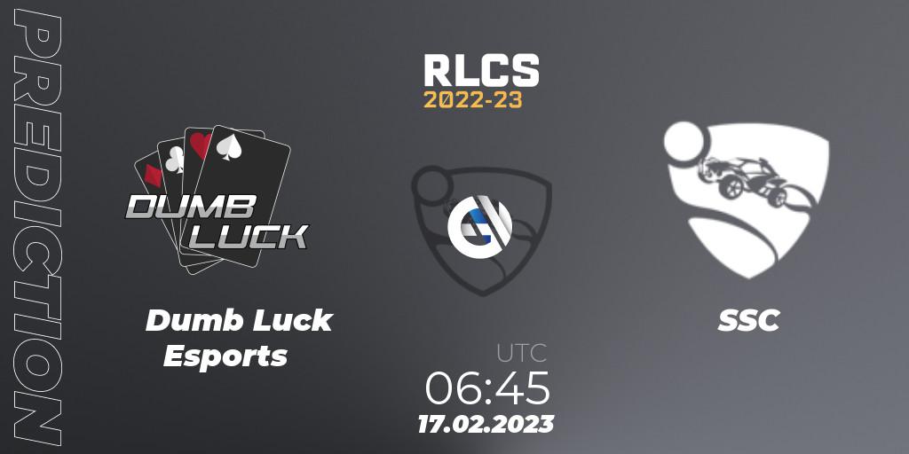 Prognose für das Spiel Dumb Luck Esports VS SSC. 17.02.2023 at 06:45. Rocket League - RLCS 2022-23 - Winter: Oceania Regional 2 - Winter Cup