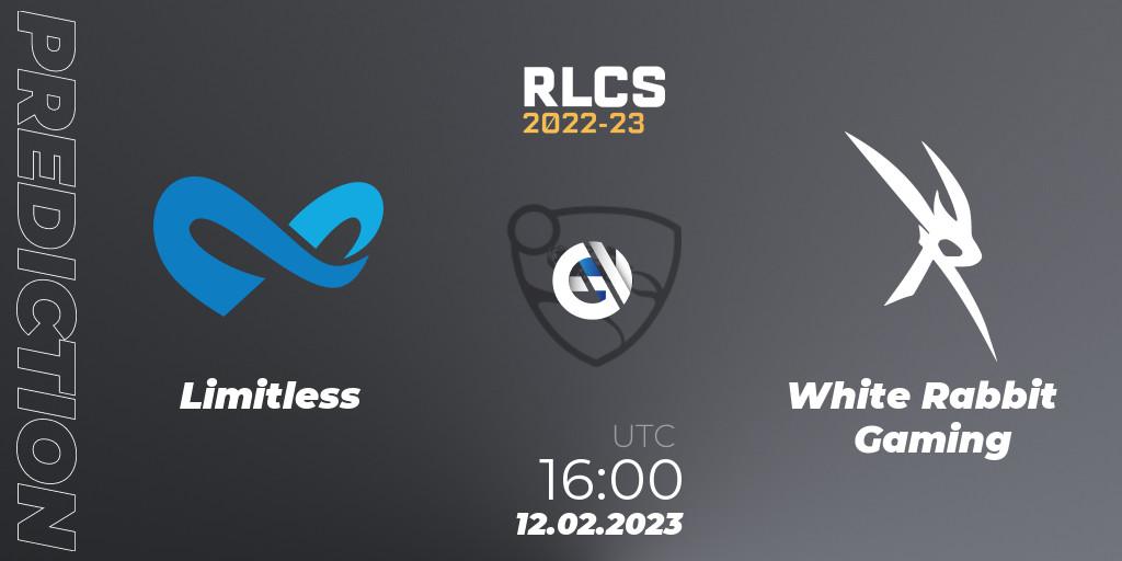 Prognose für das Spiel Limitless VS White Rabbit Gaming. 12.02.2023 at 16:15. Rocket League - RLCS 2022-23 - Winter: Sub-Saharan Africa Regional 2 - Winter Cup