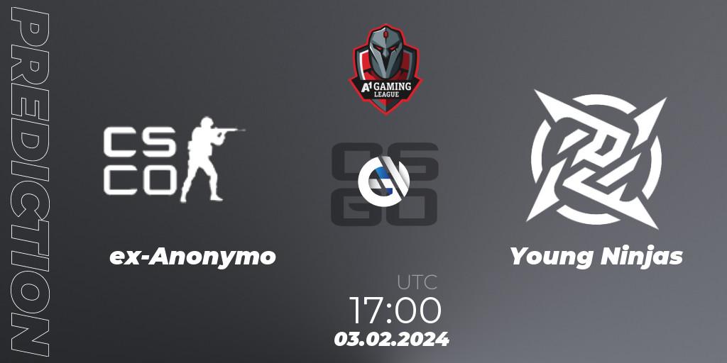 Prognose für das Spiel ex-Anonymo VS Young Ninjas. 03.02.2024 at 17:30. Counter-Strike (CS2) - A1 Gaming League Season 8