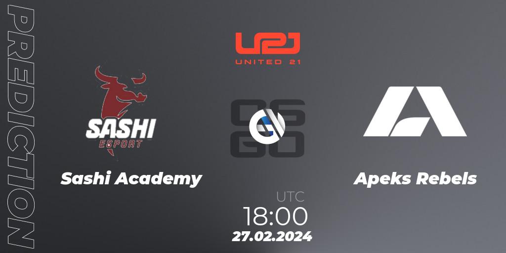 Prognose für das Spiel Sashi Academy VS Apeks Rebels. 27.02.24. CS2 (CS:GO) - United21 Season 11: Division 2
