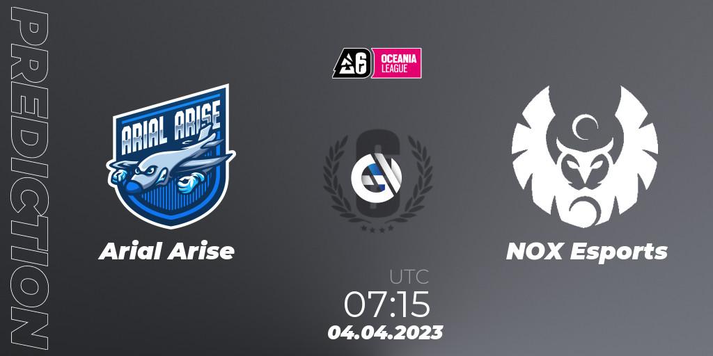 Prognose für das Spiel Arial Arise VS NOX Esports. 04.04.2023 at 07:15. Rainbow Six - Oceania League 2023 - Stage 1