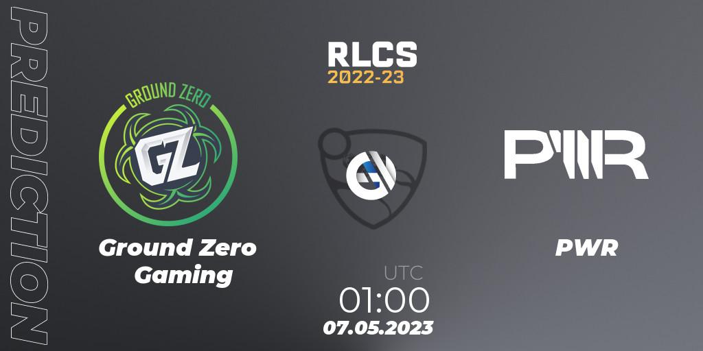 Prognose für das Spiel Ground Zero Gaming VS PWR. 07.05.2023 at 01:00. Rocket League - RLCS 2022-23 - Spring: Oceania Regional 1 - Spring Open