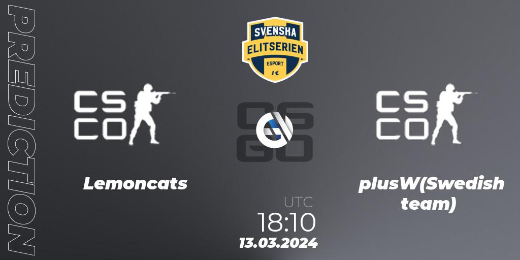 Prognose für das Spiel Lemoncats VS plusW(Swedish team). 13.03.2024 at 18:10. Counter-Strike (CS2) - Svenska Elitserien Spring 2024