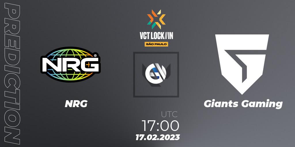 Prognose für das Spiel NRG VS Giants Gaming. 17.02.2023 at 17:00. VALORANT - VALORANT Champions Tour 2023: LOCK//IN São Paulo