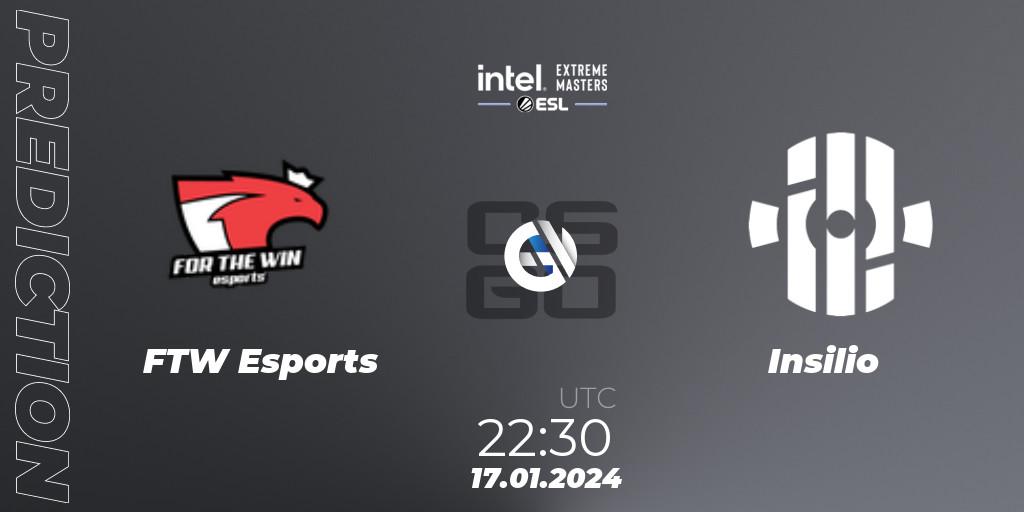 Prognose für das Spiel FTW Esports VS Insilio. 17.01.2024 at 22:30. Counter-Strike (CS2) - Intel Extreme Masters China 2024: European Open Qualifier #1