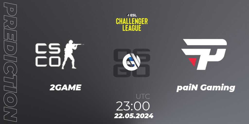 Prognose für das Spiel 2GAME VS paiN Gaming. 22.05.2024 at 23:00. Counter-Strike (CS2) - ESL Challenger League Season 47: South America