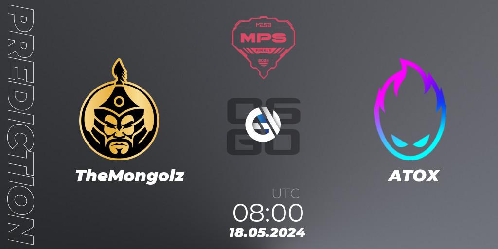 Prognose für das Spiel TheMongolz VS ATOX. 18.05.2024 at 08:00. Counter-Strike (CS2) - MESA Pro Series: Finals 2024
