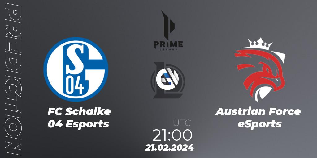 Prognose für das Spiel FC Schalke 04 Esports VS Austrian Force eSports. 18.01.24. LoL - Prime League Spring 2024 - Group Stage