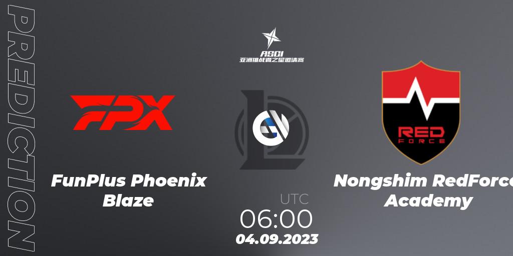 Prognose für das Spiel FunPlus Phoenix Blaze VS Nongshim RedForce Academy. 04.09.2023 at 06:00. LoL - Asia Star Challengers Invitational 2023