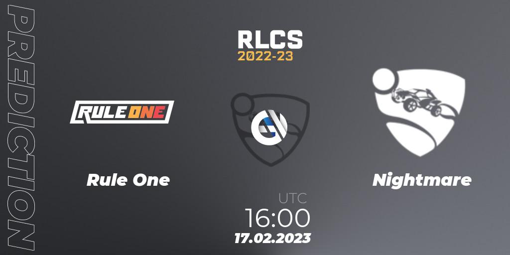 Prognose für das Spiel Rule One VS Nightmare. 17.02.23. Rocket League - RLCS 2022-23 - Winter: Middle East and North Africa Regional 2 - Winter Cup