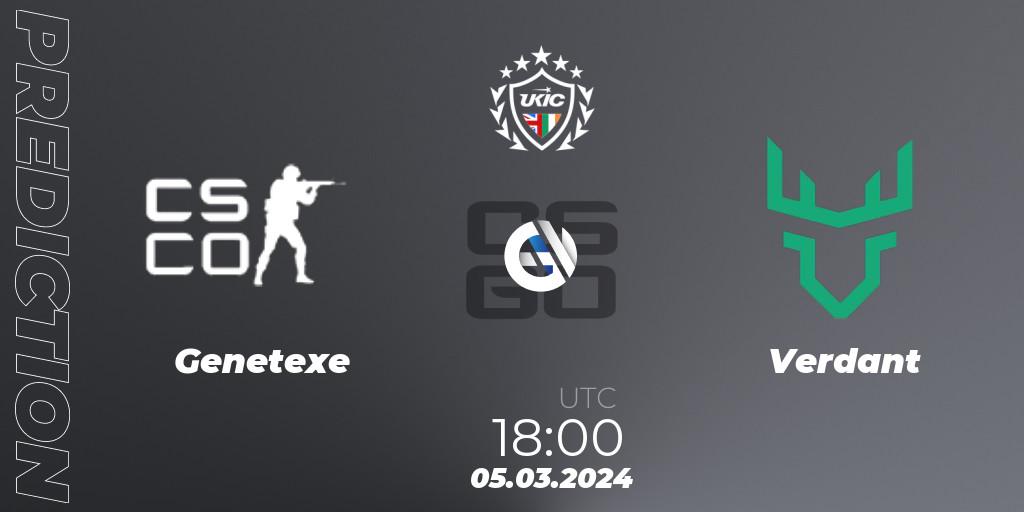 Prognose für das Spiel Genetexe VS Verdant. 05.03.2024 at 18:00. Counter-Strike (CS2) - UKIC League Season 1: Division 1