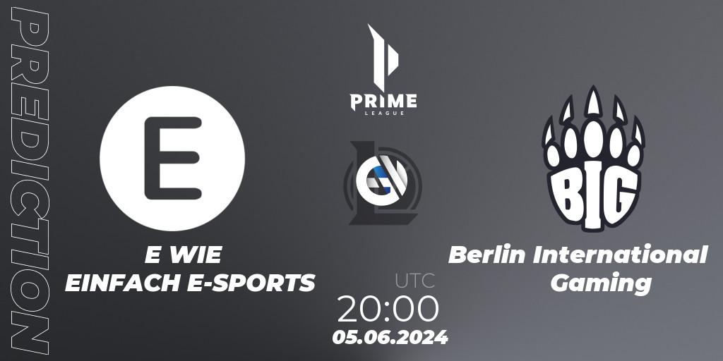 Prognose für das Spiel E WIE EINFACH E-SPORTS VS Berlin International Gaming. 05.06.2024 at 20:00. LoL - Prime League Summer 2024