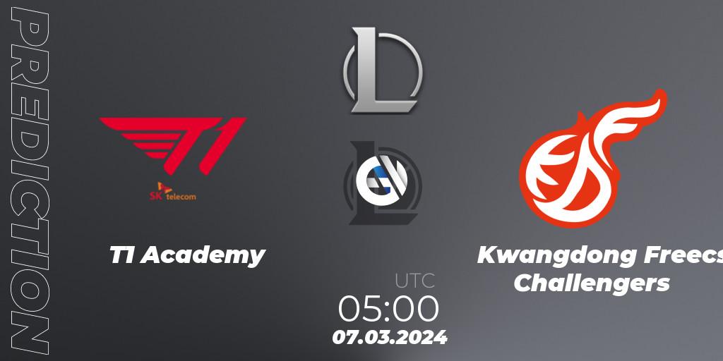 Prognose für das Spiel T1 Academy VS Kwangdong Freecs Challengers. 07.03.2024 at 05:00. LoL - LCK Challengers League 2024 Spring - Group Stage