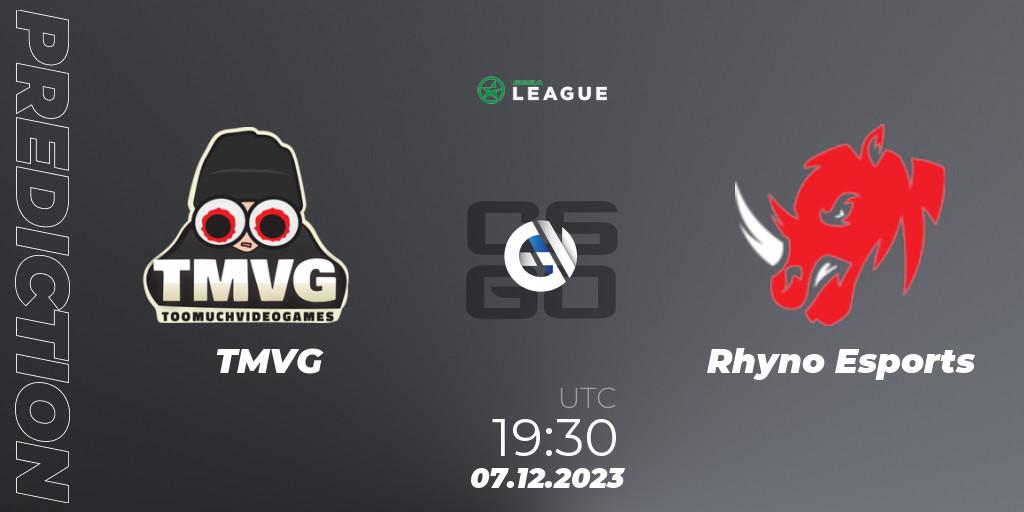 Prognose für das Spiel TMVG VS Rhyno Esports. 08.12.2023 at 15:30. Counter-Strike (CS2) - ESEA Season 47: Main Division - Europe