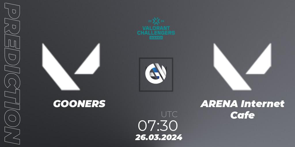 Prognose für das Spiel GOONERS VS ARENA Internet Cafe. 26.03.2024 at 07:30. VALORANT - VALORANT Challengers 2024 Oceania: Split 1