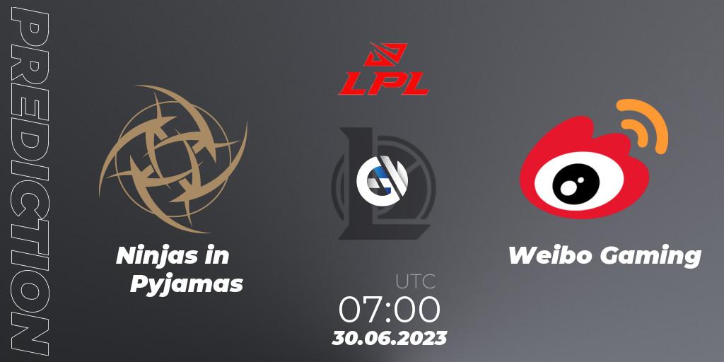 Prognose für das Spiel Ninjas in Pyjamas VS Weibo Gaming. 30.06.2023 at 07:00. LoL - LPL Summer 2023 Regular Season
