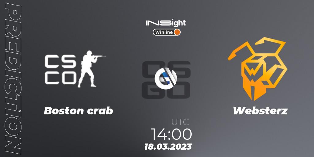 Prognose für das Spiel Boston crab VS Websterz. 18.03.2023 at 14:00. Counter-Strike (CS2) - Winline Insight Season 3
