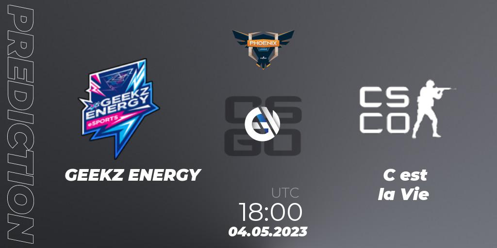 Prognose für das Spiel GEEKZ ENERGY VS C est la Vie. 07.05.2023 at 13:00. Counter-Strike (CS2) - Phoenix x Lucifer League Season 12