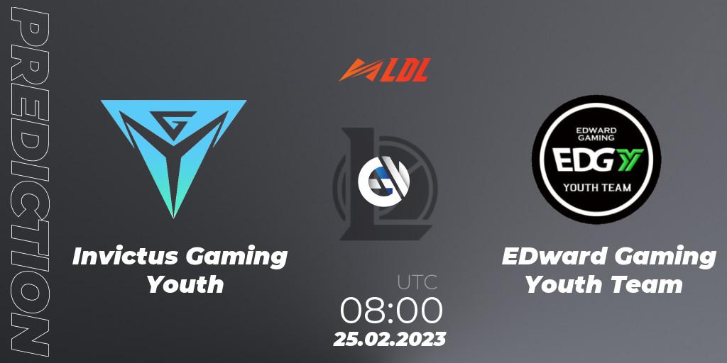 Prognose für das Spiel Invictus Gaming Youth VS EDward Gaming Youth Team. 25.02.2023 at 09:00. LoL - LDL 2023 - Regular Season