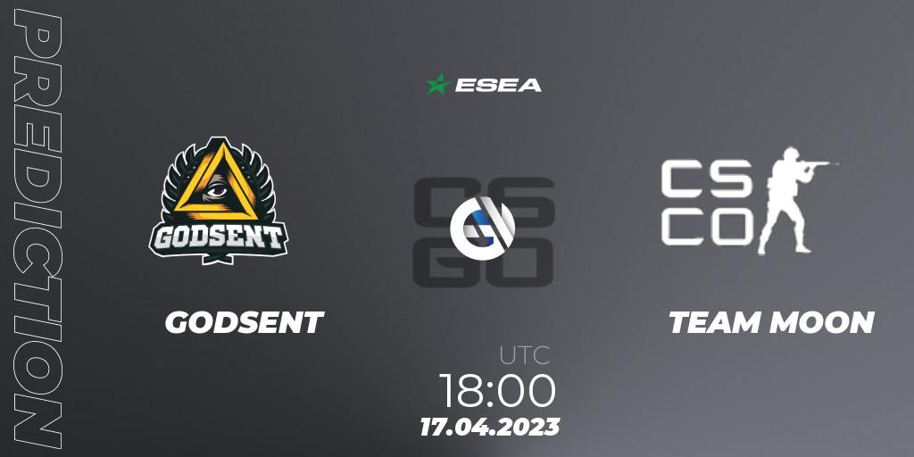 Prognose für das Spiel GODSENT VS TEAM MOON. 04.05.2023 at 15:00. Counter-Strike (CS2) - ESEA Season 45: Advanced Division - Europe