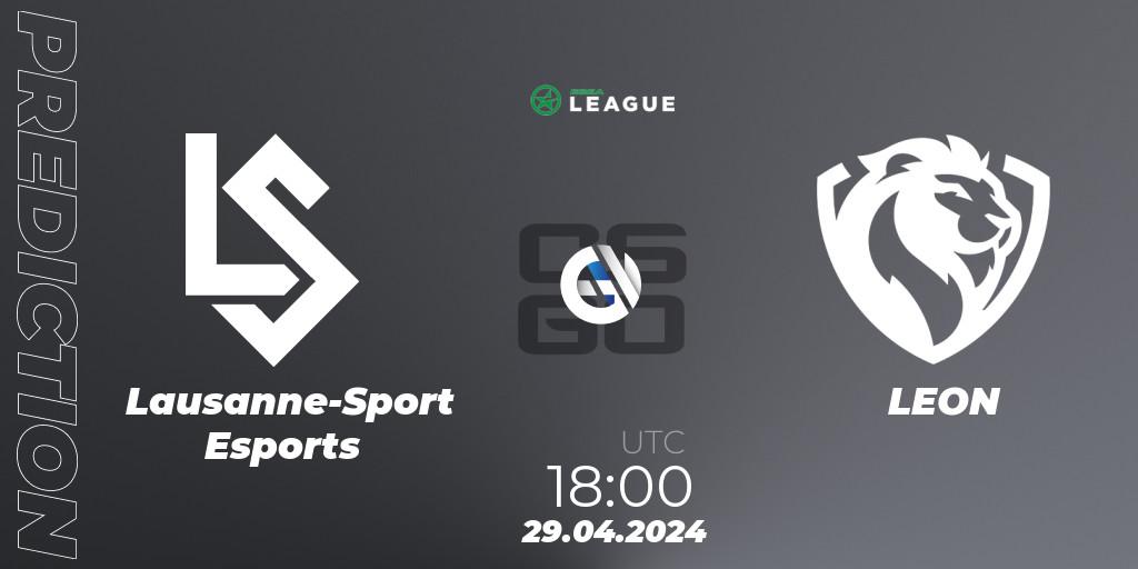 Prognose für das Spiel Lausanne-Sport Esports VS LEON. 29.04.2024 at 18:00. Counter-Strike (CS2) - ESEA Season 49: Advanced Division - Europe