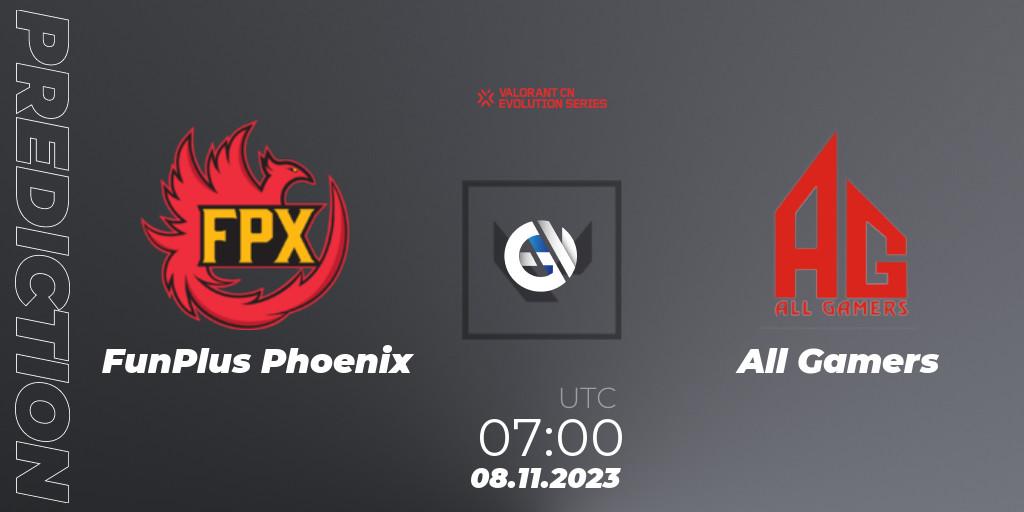 Prognose für das Spiel FunPlus Phoenix VS All Gamers. 08.11.2023 at 07:00. VALORANT - VALORANT China Evolution Series Act 3: Heritability - Play-In