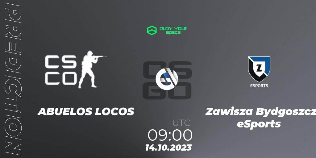 Prognose für das Spiel ABUELOS LOCOS VS Zawisza Bydgoszcz eSports. 14.10.2023 at 09:00. Counter-Strike (CS2) - PYspace Cash Cup Finals