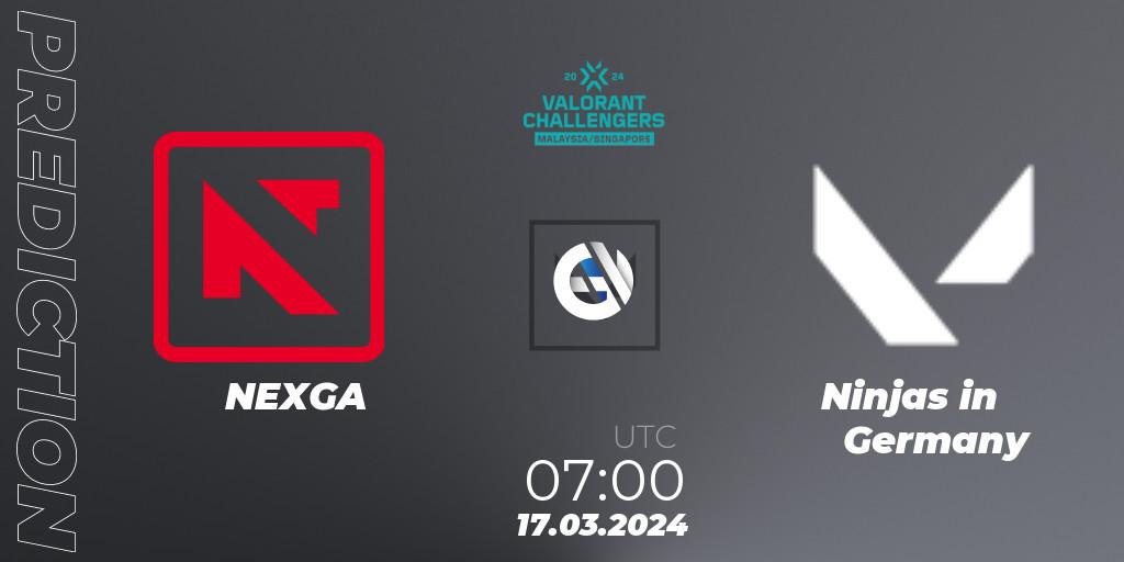 Prognose für das Spiel NEXGA VS Ninjas in Germany. 17.03.2024 at 07:00. VALORANT - VALORANT Challengers Malaysia & Singapore 2024: Split 1