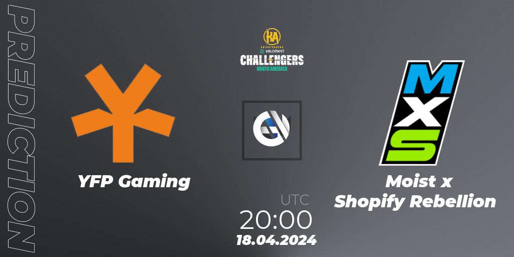 Prognose für das Spiel YFP Gaming VS Moist x Shopify Rebellion. 18.04.2024 at 20:00. VALORANT - VALORANT Challengers 2024: North America Split 1