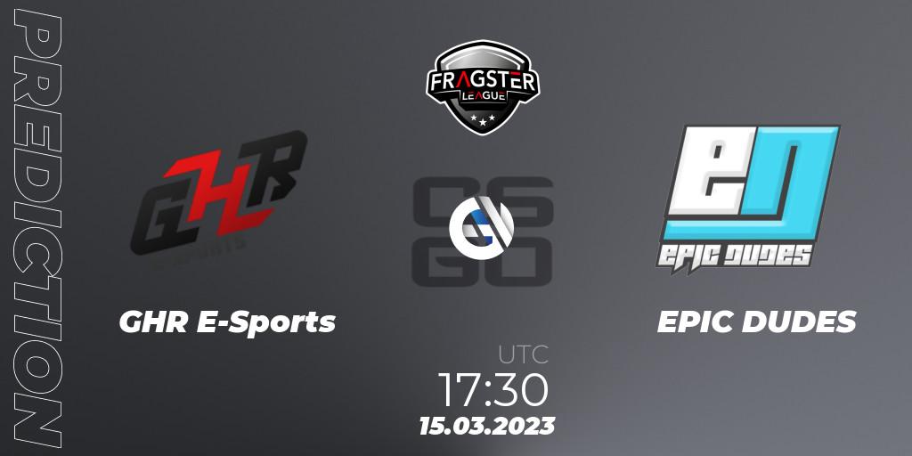 Prognose für das Spiel GHR E-Sports VS EPIC DUDES. 04.04.2023 at 19:30. Counter-Strike (CS2) - Fragster League Season 4