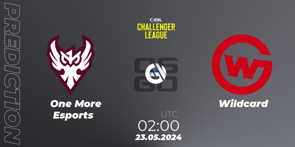 Prognose für das Spiel One More Esports VS Wildcard. 23.05.2024 at 03:00. Counter-Strike (CS2) - ESL Challenger League Season 47: North America
