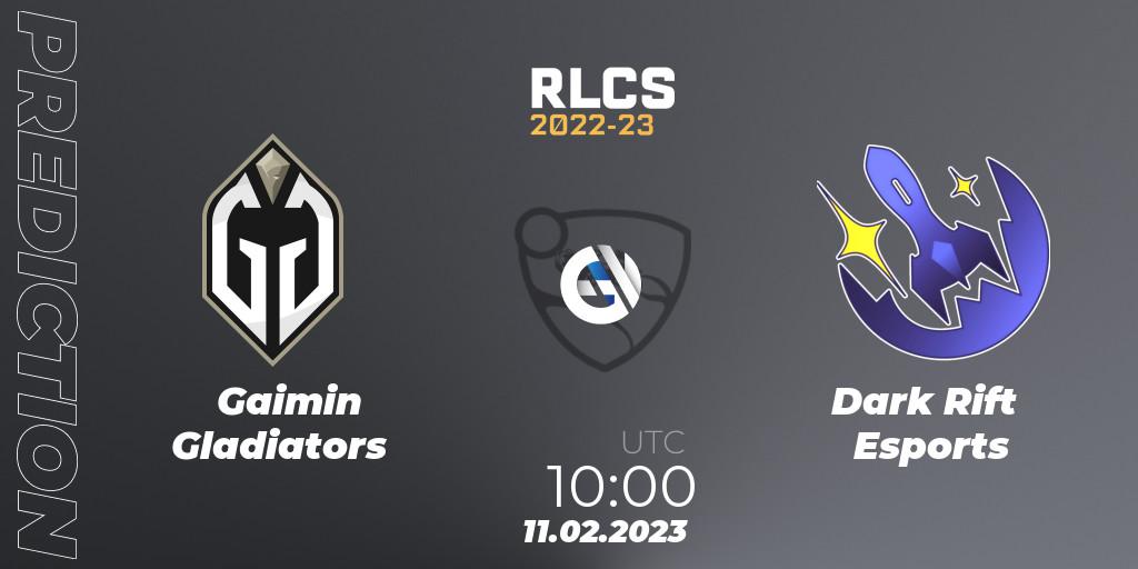 Prognose für das Spiel Gaimin Gladiators VS Dark Rift Esports. 11.02.2023 at 10:00. Rocket League - RLCS 2022-23 - Winter: Asia-Pacific Regional 2 - Winter Cup