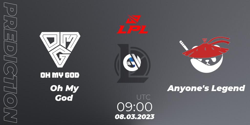 Prognose für das Spiel Oh My God VS Anyone's Legend. 08.03.2023 at 09:00. LoL - LPL Spring 2023 - Group Stage