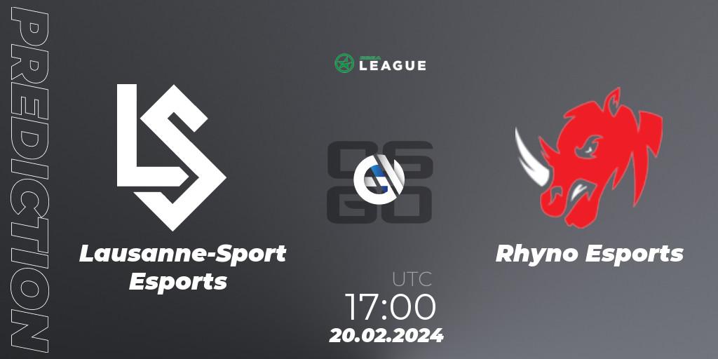 Prognose für das Spiel Lausanne-Sport Esports VS Rhyno Esports. 20.02.2024 at 17:00. Counter-Strike (CS2) - ESEA Season 48: Advanced Division - Europe